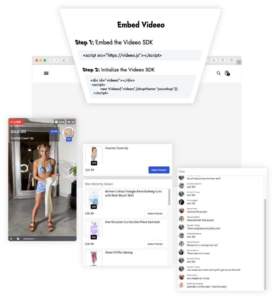embed code and live selling being added to a website