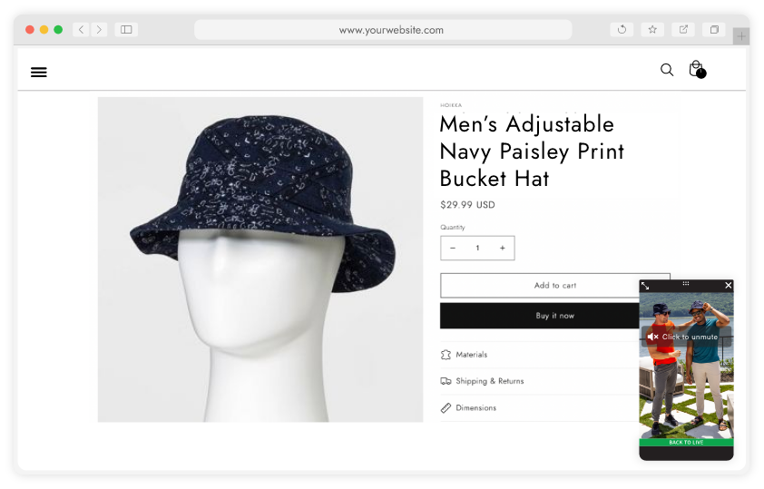 website selling mens athleisure with mini player showing a live sale