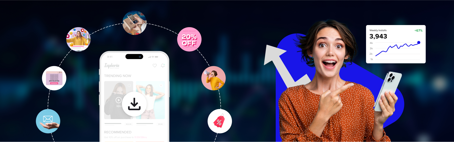 A woman excitedly points to app install growth stats on her phone with marketing icons and discount offers on an abstract background.